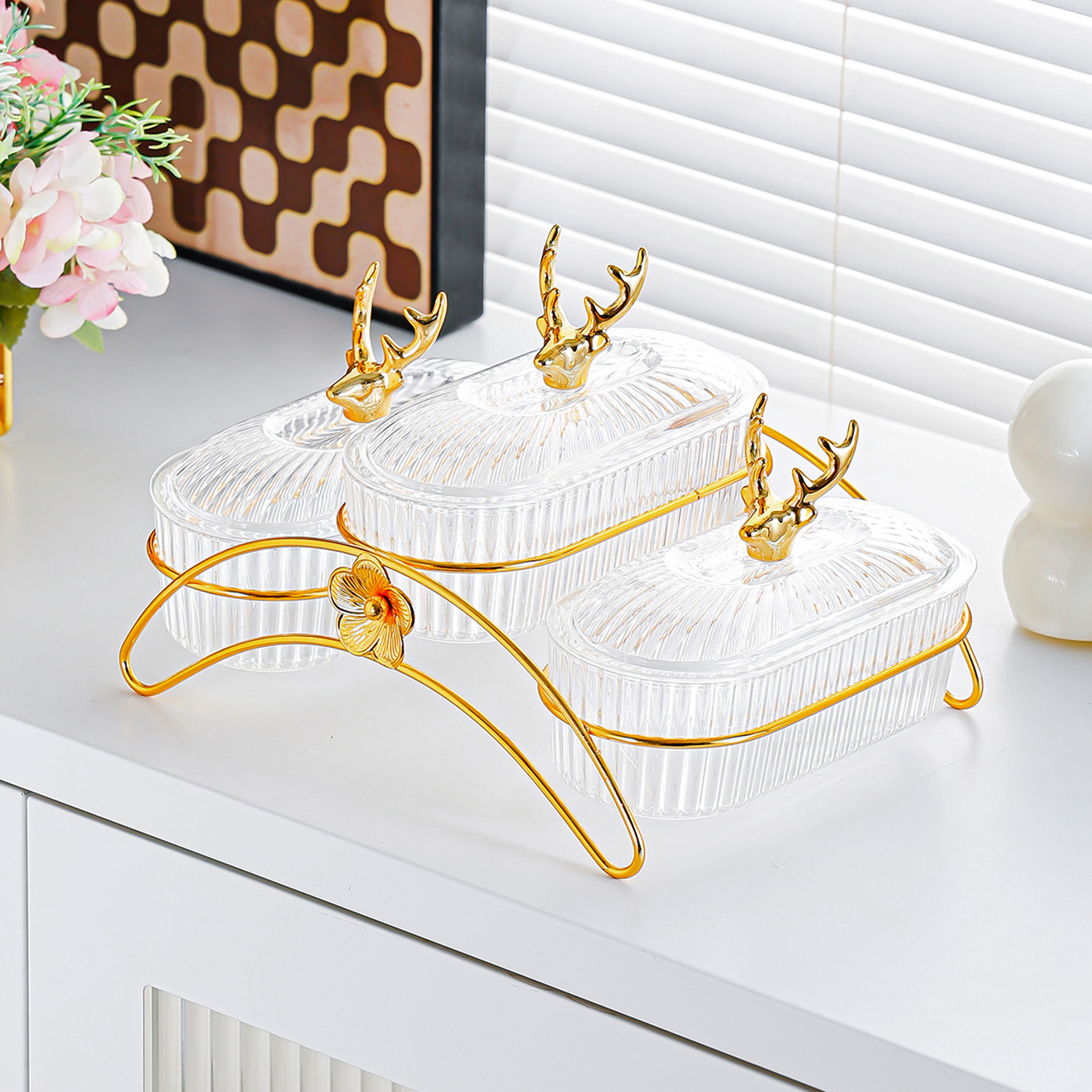 Support de fleurs arqué en forme d'ovale à 3 grilles en forme d'élan transparent