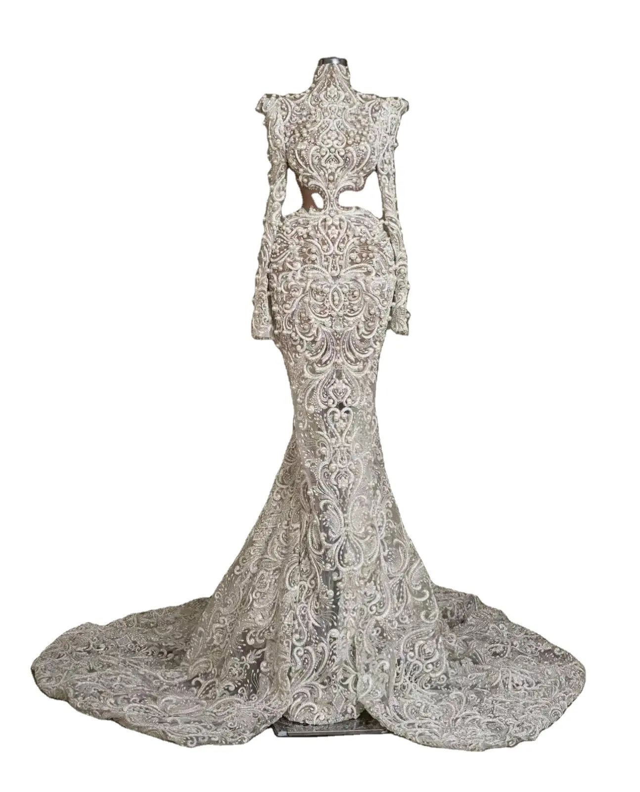 2024 NEW Long Sleeve Saudi Arabia Dresses High neck Lace Beading Mermaid wedding dress