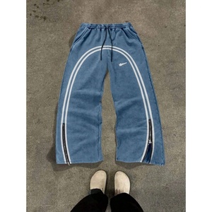 Pantalones Anchos de Alta Calidad con Cordón en la Cintura, Estilo Vintage Lavado, con Rayas Laterales y Detalle de Cremallera, Unisex - Product Image 1