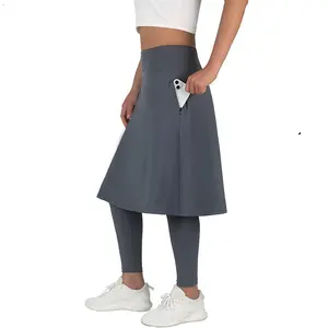 Women Long Knee Length Skirt athletic skirt with leggings knee length with leggings Skirted Leggings with Zipper Pockets