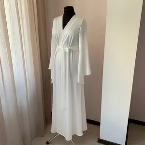 Mily Bridal ASWB002 White Maternity Long Silk Long Sleeve Tie V-neck Maxi Standard Simple Classic Wedding Robe