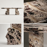 Table à manger ovale personnalisée en marbre naturel Picasso rouge, avec deux piédestaux et têtes de lion sculptées, pour villa haut de gamme et hôtel