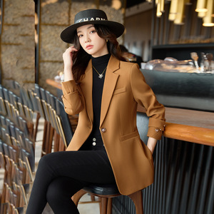 Women's Blazer Caramel Color Slim Fit Long Sleeve Solid Color Anti-Wrinkle Professional Wear - Product Image 1