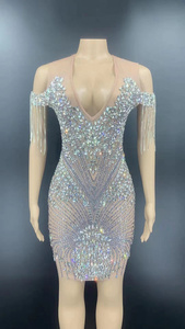 Novance Y2150 2022 printemps et été nouvelle robe sexy à col en v avec strass grande taille sans manches robe de bal en cristal scintillant - Product Image 4