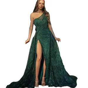 여성용 스팽글 이브닝 드레스 한 어깨 긴 소매 칵테일 섹시한 높은 슬릿 주름 장식 Bodycon 웨딩 파티 맥시 드레스