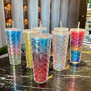 Tazza da Caffè in Plastica Riutilizzabile da 24oz con Doppia Parete, Gradiente Glitterato Trasparente, Personalizzabile, con Cannuccia e Coperchio - Product Image 1