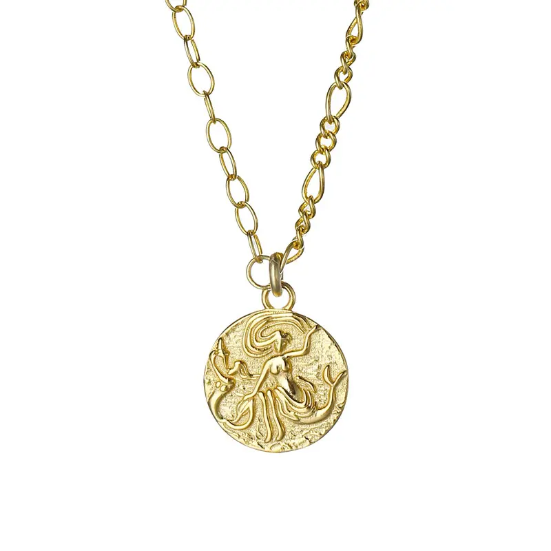 Perak Murni 925 Antik 14K Terisi Emas Laut Putri Duyung Medali Jimat Roma Jimat Kalung Perhiasan untuk Pria atau Wanita