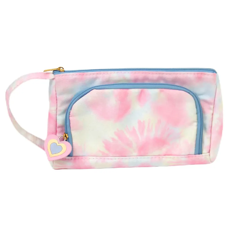 Pastel Tie-Dye Large Capacity Pencil Case with Convenient Carrying Handle and Heart Zipper Pulls Ideal for Students and Artists
