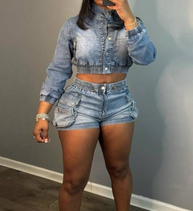 Viviblook Z915ST07 Nuevo traje de mezclilla elástico Botón Delgado Chaqueta de manga larga Pantalones cortos 2 piezas Conjunto de talla grande para mujer - Product Image 2