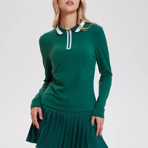 לוגו מותאם אישית חצי zip חולצת כושר ספורט שרוול ארוך פולו גולף באיכות גבוהה טניס שרוול פולו חולצה מלאה לנשים - Product Image 1