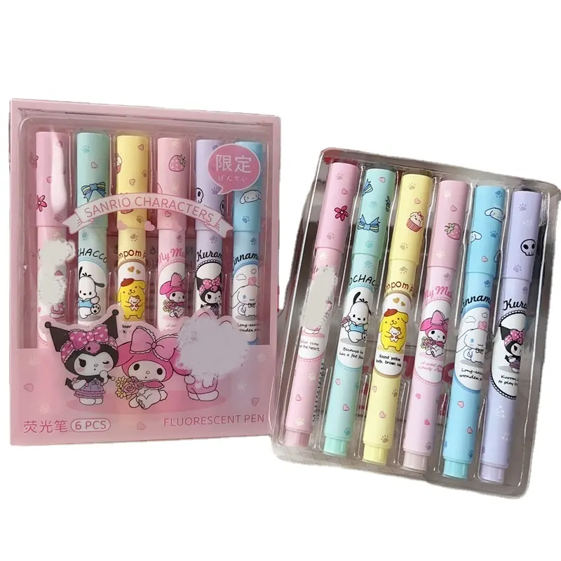 DHF Conjunto de canetas iluminadoras Sanrioed 6 peças, canetas florescentes Kawaii Kuromi, melodia Cinnamoroll, arte, escritório escolar