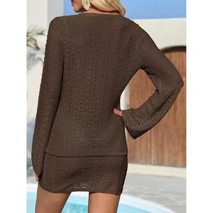 Womens Crochet <b>2</b> <b>Piece</b> Cover Up V Neck Bell Sleeve Button Cardigan Sheer Mesh Beach Mini Skirt <b>Set</b> Elastic Waist Straight - Product Image 6