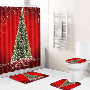 Cortina de Ducha de Poliéster con Diseño de Muñecos de Nieve Azules y Árbol de Navidad, Cortina de Baño con Impresión Digital, Impermeable, Personalizada, Moderna, al por Mayor - Product Image 1