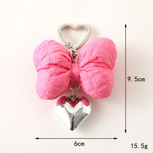Puffy Fabric Bow <strong>Keychain</strong> With Silver Heart Pendant Heart Shape Metal Carabiner Bag Charm Colorful Bow Key Ring for Girls Gift - Product Image 2