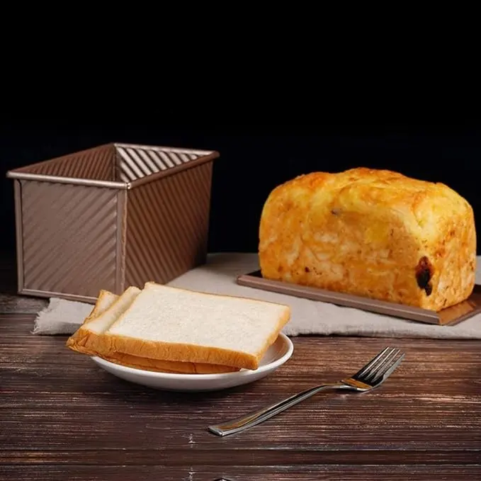 Panci roti tebal dengan tutup 1 lb, kapasitas adonan tidak lengket untuk kue roti baja karbon kotak roti panggang bergelombang