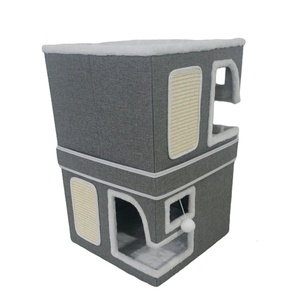 Lit pour chat pliable semi-fermé à 3 niveaux en angle droit avec griffoir et design respirant - Product Image 2