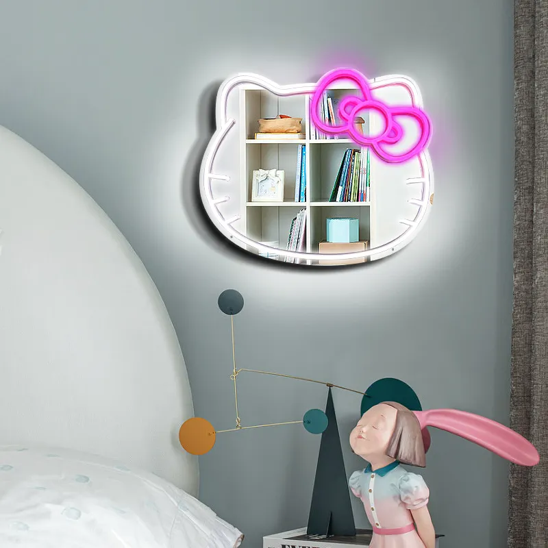 Cermin desain baru dengan lampu Led kamar anak perempuan dekorasi cermin Hello Kitty sesuai pesanan cermin Neon