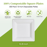 Vaisselle jetable personnalisée en canne à sucre, compatible micro-ondes, assiette carrée compostable et biodégradable en bagasse de 10 pouces