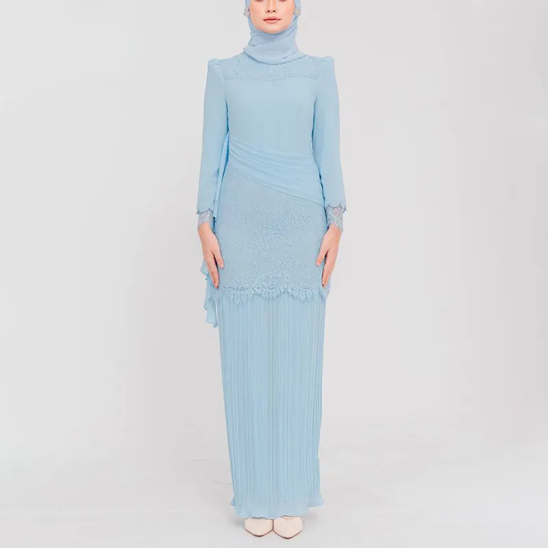 Elegante musulmán Kebaya mujer moda Abaya moderno Baju Kurung Malasia poliéster adultos conjuntos Casual moderno plisado Baju Kurung