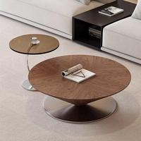 Table basse ronde en bois de style mid-century avec structure en acier inoxydable pour salon et maison