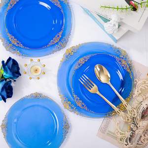 Assiettes rondes bleues avec bordure en dentelle dorée royale, assiettes en <span class=keywords><strong>plastique</strong></span> de qualité supérieure, ensemble d'assiettes de présentation, assiettes jetables pour mariage, pour 50 invités - Product Image 3