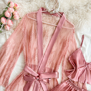 Chuangerm Disponibile 2026 Nuovo Set Loungewear 3 Pezzi da <span class=keywords><strong>Donna</strong></span>, Pigiama Sottile con Spalline, Pantaloni, Vestaglia in Pizzo, Accappatoio Sexy per Casa - Product Image 3