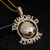 Collier Pendentif Hip Hop en Laiton Plaqué Or, Zircon Cubique Bling Iced Out, Motif Terre et Monde, avec Chaîne Corde