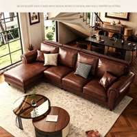 Ensemble de canapé d'angle Bardon de style américain avec chaise longue, en cuir véritable pleine fleur huilé et ciré marron vintage pour salon