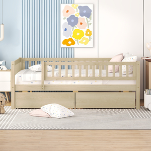 Lit de jour pleine grandeur en bois avec deux tiroirs, rangement naturel pour enfants - Product Image 2