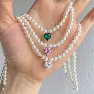 Luxury Bohemian Baroque Choker S925 Silver Cz Pink Emerald Necklace Fresh Water Pearl Bead Necklaces Zirconia Pendant Jewelry