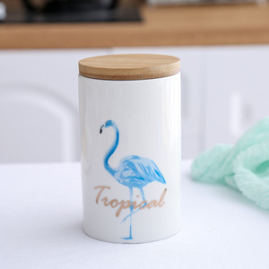 Pot de rangement en céramique flamant rose Creative Line bouteille de stockage d'aliments pour animaux avec couvercle en bois boîte à thé scellée de cuisine - Product Image 5