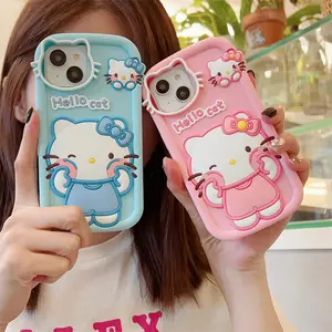 3Dかわいい漫画キティ猫シリコン携帯電話ケースiPhone15 14 13 12 11 Pro maxXRカスタム耐衝撃性バックカバー