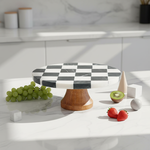 Moderno Alzatino <span class=keywords><strong>per</strong></span> <span class=keywords><strong>Torte</strong></span> a Scacchi Bianco e Nero <span class=keywords><strong>in</strong></span> Marmo con Base <span class=keywords><strong>in</strong></span> <span class=keywords><strong>Legno</strong></span>, Supporto Decorativo <span class=keywords><strong>per</strong></span> Dolci e Cupcake da Tavola - Product Image 4
