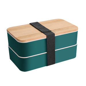 Double Layers Student PP Bento Box With Wooden Cover Lunch Boxes With Cutlery Set