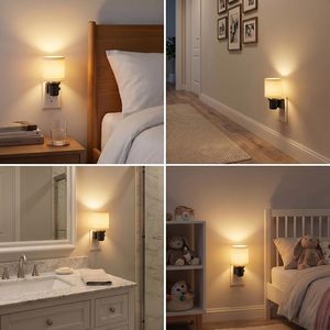 Veilleuse à brancher en tissu lin, 0-100% dimmable, avec capteur crépusculaire, pour chambre, couloir et salle de bain - Product Image 3