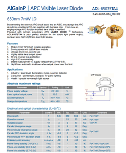 Diode laser visible APC 650nm 7mW type LD ADL-65075TA4 5.6x3.55mm - Product Image 2