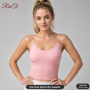 Haut court de yoga côtelé rose clair sans coutures pour femme, séchage rapide, respirant, extensible, avec soutien, idéal pour la gym et le fitness - Product Image 1