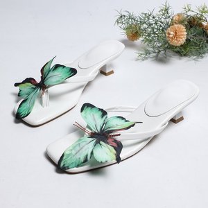 Q12 Cross Border Niche Temperament butterfly One-piece slippers New Spring and Summer Season Slim <b>Heel</b> square <b>Toe</b> High <b>Heels</b> - Product Image 3