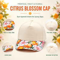 Gorra de Béisbol Personalizada de 5 Paneles con Estampado Floral de Frutas Naranjas, Visera Curva Ajustable, Unisex, Estilo Tropical de Verano