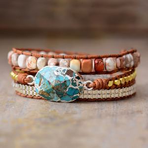 Handmade Multicolor <b>Gemstone</b> <b>Bracelet</b> Natural Turquoise Bohemian Tube Beads with Leather Wrap Unisex Design for Women & More - Product Image 4