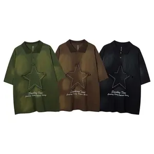 T-shirt polo vintage surdimensionné lourd en coton, délavé à l'acide, coupe et couture minérales, logo personnalisé pour les hommes, vente en gros