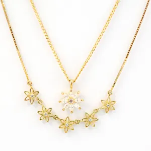 Double Strands Beautiful Gold Plated Cz Flower Design Gold Chains Necklace