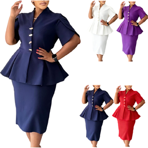 D3358 Último Diseño Vestidos <span class=keywords><strong>de</strong></span> Verano para Mujer Casual Elegante con Volantes Cuello en V Manga Corta Ajustado Vestido <span class=keywords><strong>de</strong></span> Oficina para Dama Africana - Product Image 1