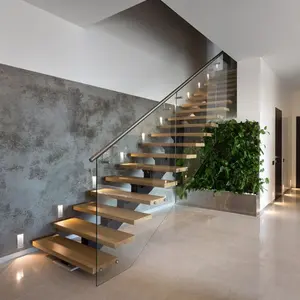 Tangga lurus mengambang Vila dalam ruangan desain Modern kustom tangga kaca tunggal tangga