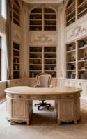Bureau de direction en bois massif sculpté de style français, couleur bois clair, ovale, avec double armoire incurvée, bureau de président sur mesure.