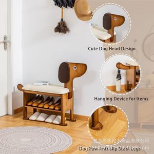 Wooden Dog Shaped <b>Shoe</b> Changing Stool With <b>Storage</b> For Home Use Children Adults Elderly - Product Image 3
