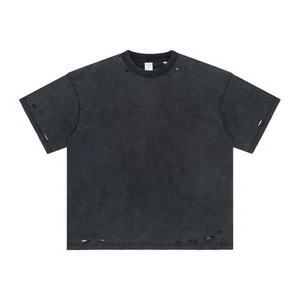 Col haut rétro lavé t-shirt Homme coton blanc en gros en détresse t-shirt court - Product Image 2