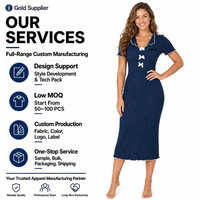 Robe de nuit personnalisée pour femme, en maille côtelée marine, col en V, nœuds, bordure festonnée, manches courtes, pyjama sur mesure, fabrication OEM ODM