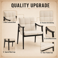 Sillón Acogedor de Madera y Tela con Diseño a Cuadros Crema, Sillón de Madera Maciza con Funda Resistente a la Humedad para Rincón de Lectura