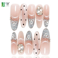 Faux ongles à presser en gel 3D scintillant, style French Manucure, faits main, de luxe, vintage, à pois, avec diamants, en acrylique, marque privée